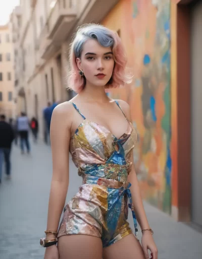 standing in front of a colorful mural in an artistic neighborhood